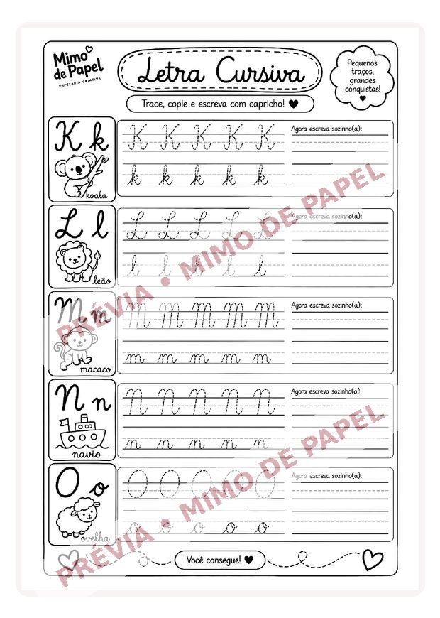 Letra Cursiva K até O