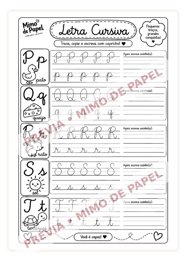 Letra Cursiva P até T